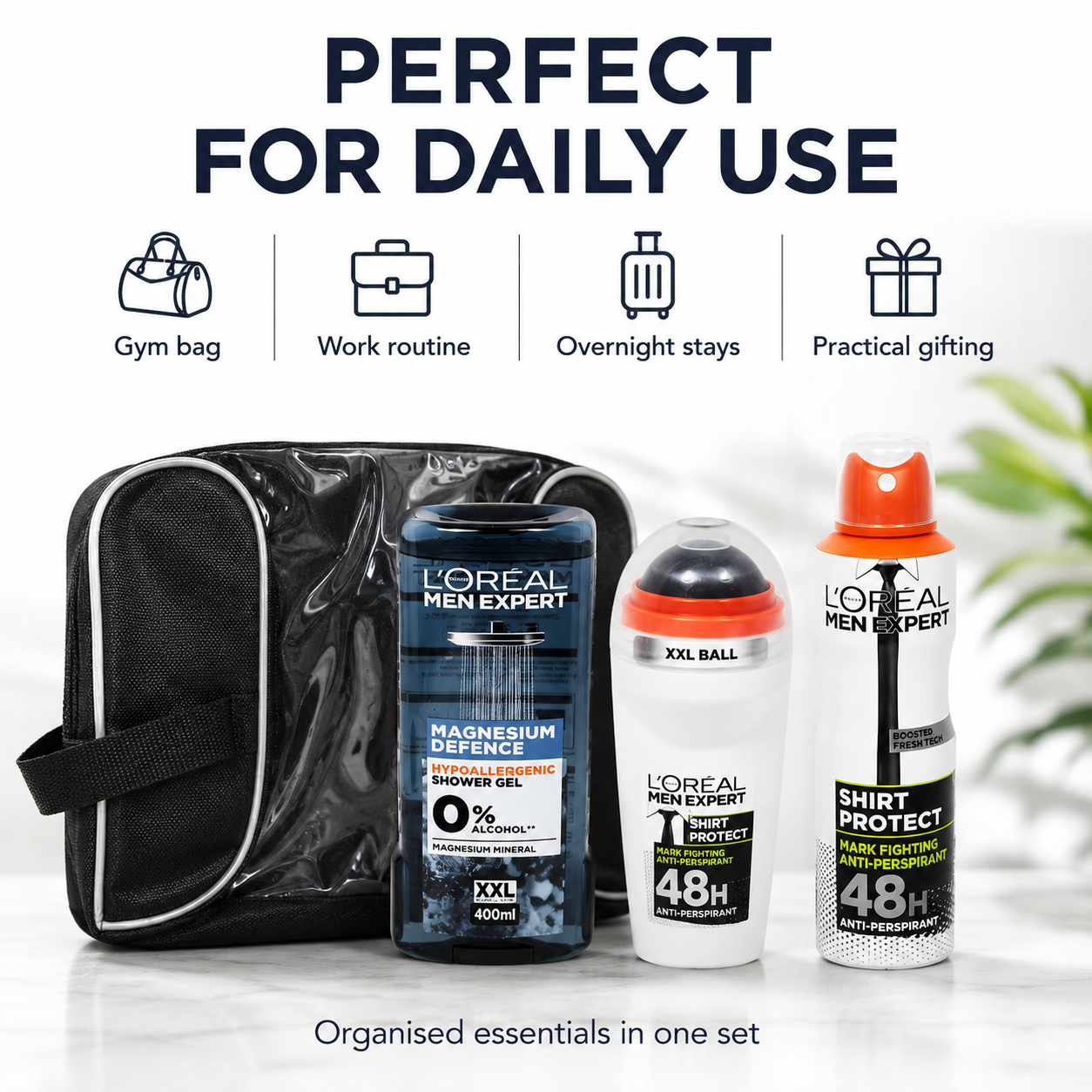 L’Oréal Men Expert Full Size Freshness Gift Set With Magnesium Defence Shower Gel Shirt Protection Deodorant Roll On And Toiletry Bag