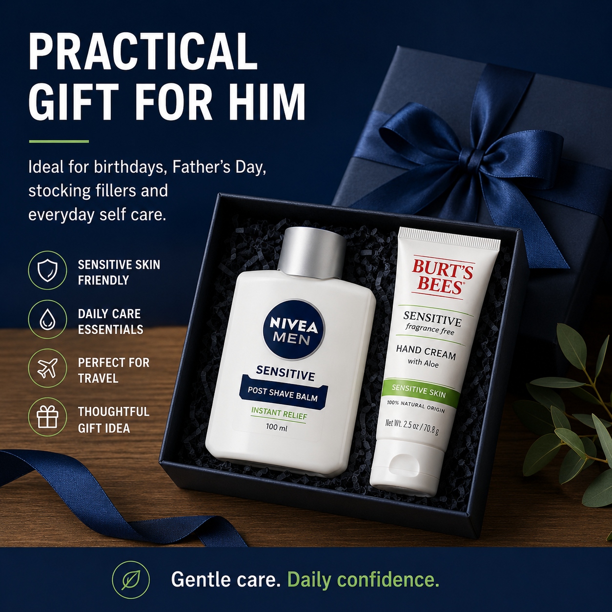 Men’s Sensitive Grooming Set with Nivea Balm and Burt’s Bees Hand Cream