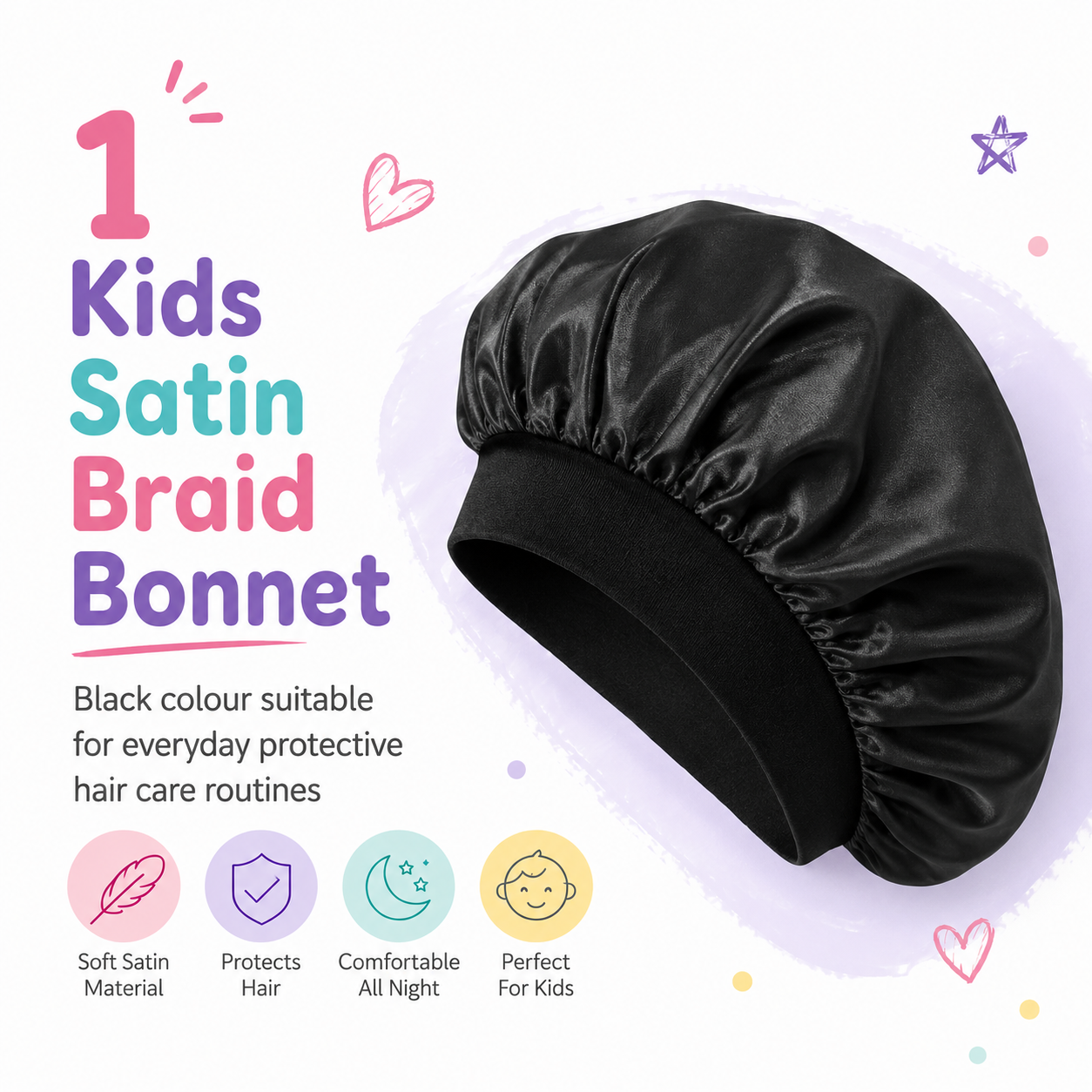 Kids Silky Satin Braid Bonnet Black