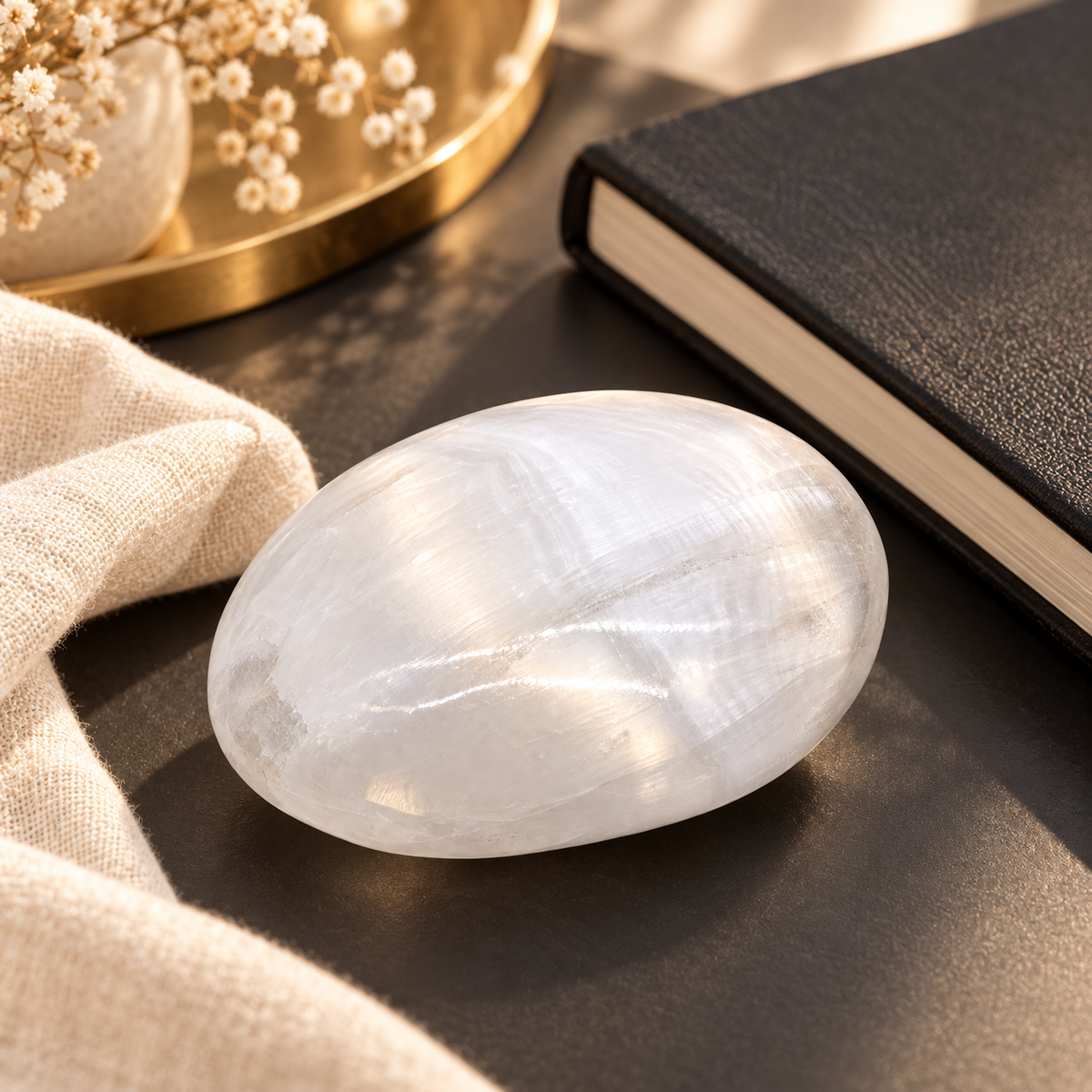 White selenite palm stone – view 3