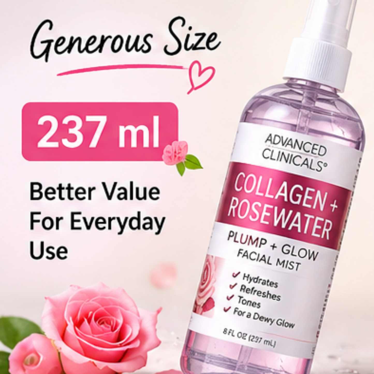 Advanced Clinicals Collagen + Rosewater Facial Mist 237ml