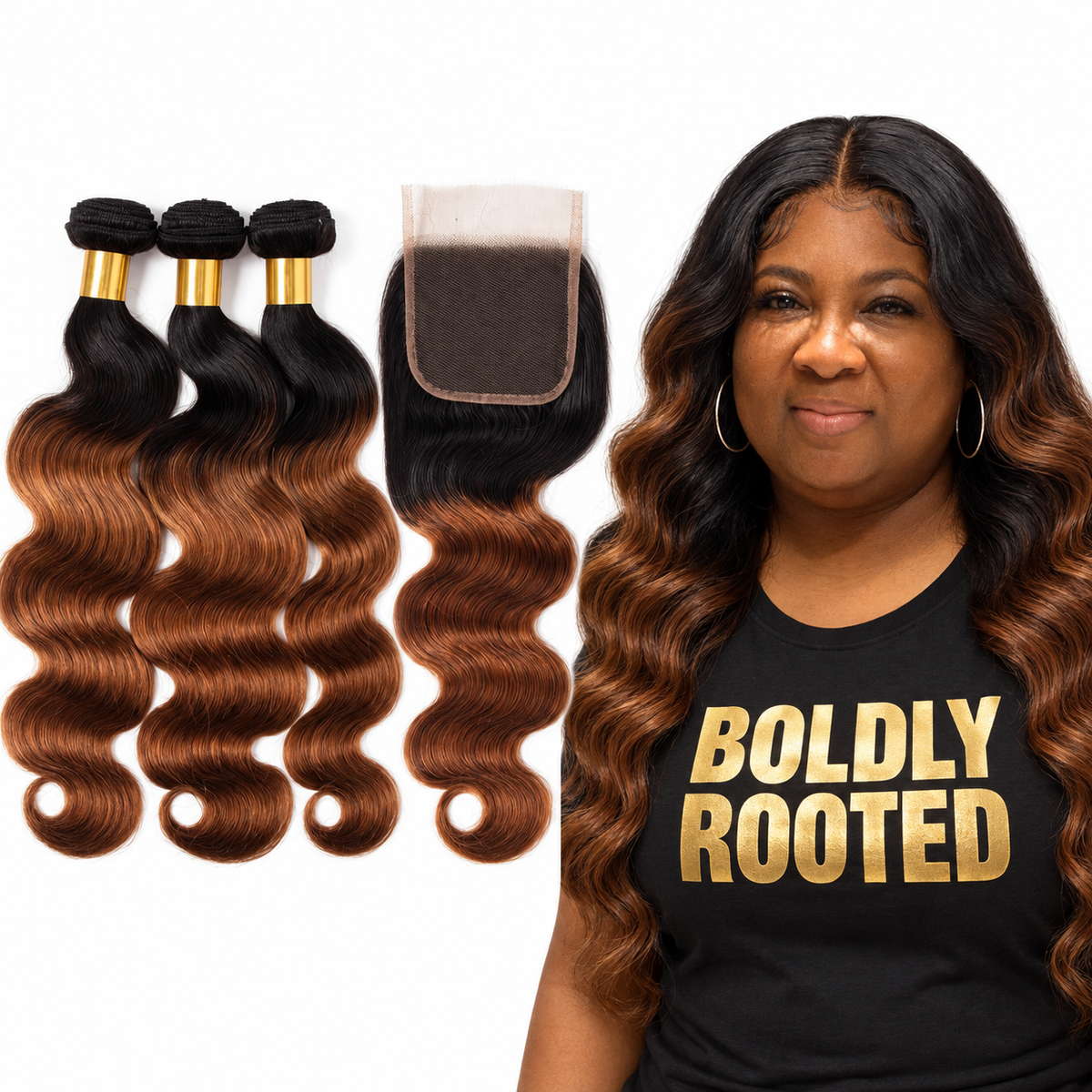OMOGE HAIR T4/30 ombre body wave human hair bundles with 4x4 lace closure