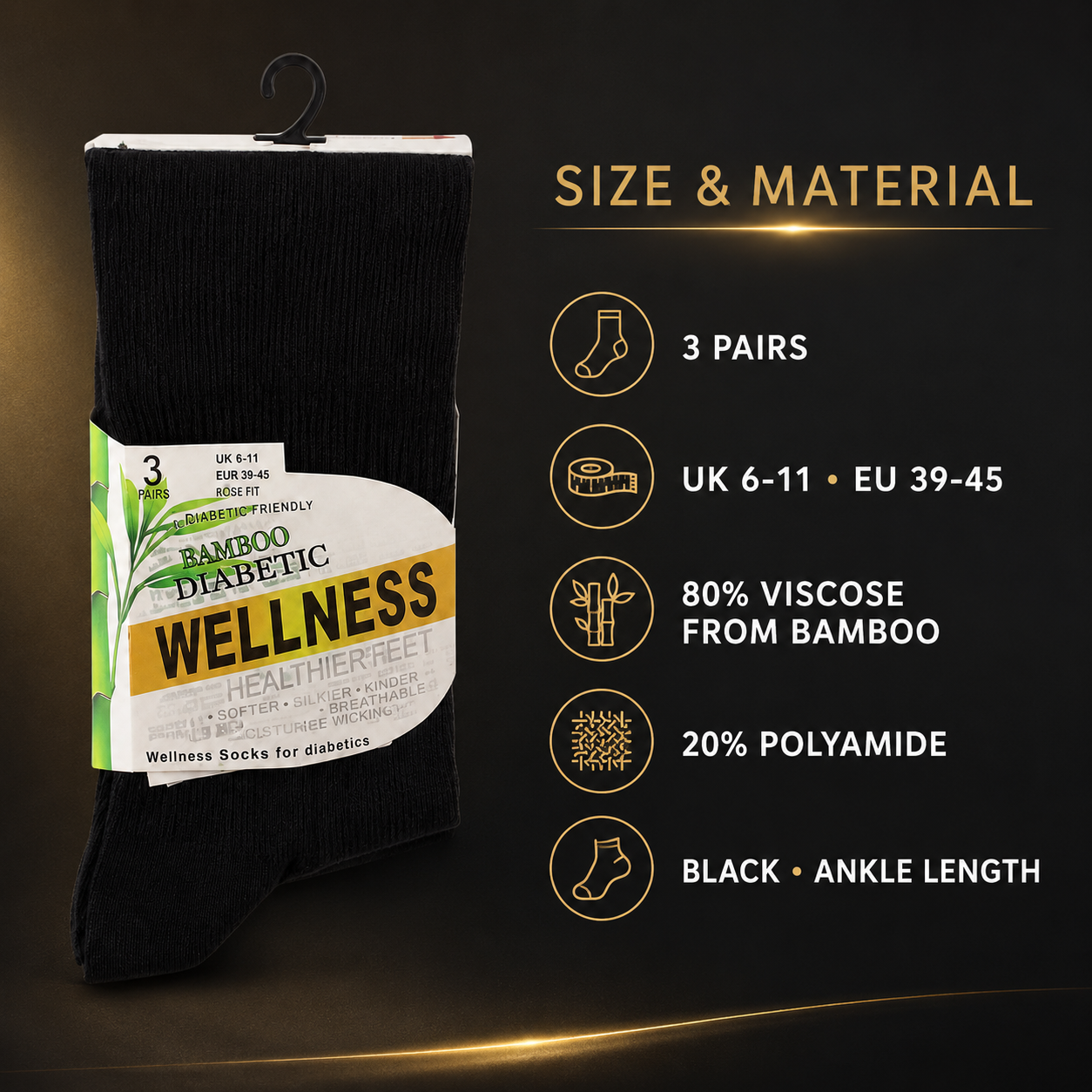 Men’s Bamboo Wellness Non-Binding Ankle Socks – Black, 3 Pairs