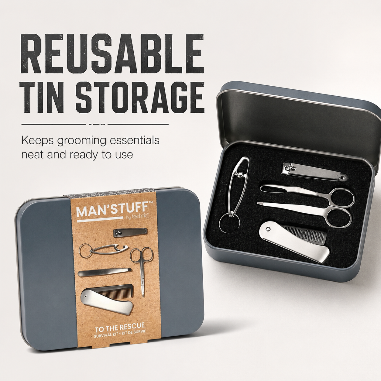 Technic Man’Stuff To The Rescue Survival Kit Reusable Tin With Comb Bottle Opener Nail Scissors Nail Clippers Tweezers And Accessories