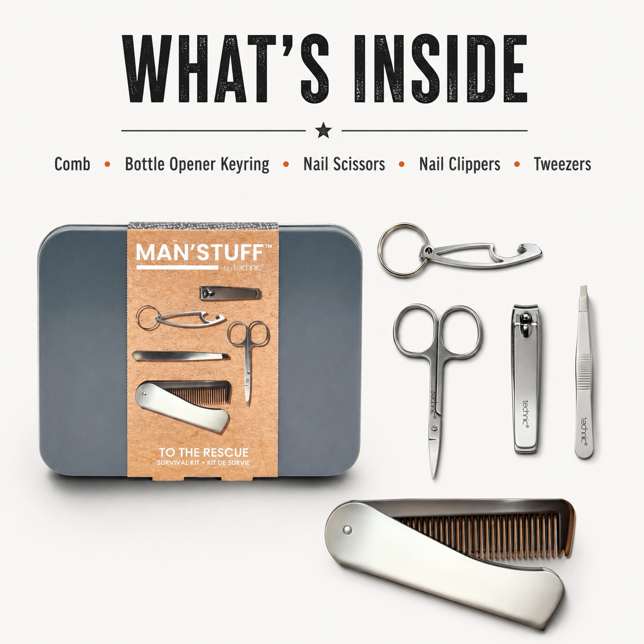 Technic Man’Stuff To The Rescue Survival Kit Reusable Tin With Comb Bottle Opener Nail Scissors Nail Clippers Tweezers And Accessories