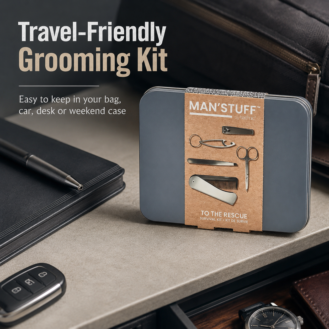 Technic Man’Stuff To The Rescue Survival Kit Reusable Tin With Comb Bottle Opener Nail Scissors Nail Clippers Tweezers And Accessories