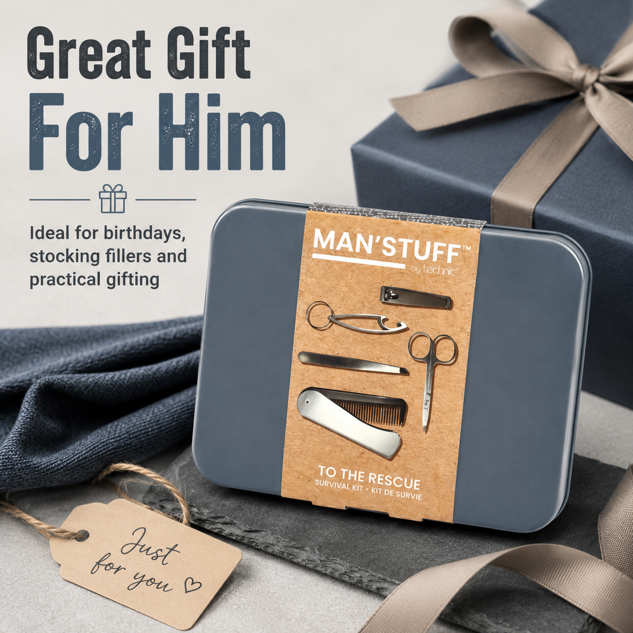 Technic Man’Stuff To The Rescue Survival Kit Reusable Tin With Comb Bottle Opener Nail Scissors Nail Clippers Tweezers And Accessories
