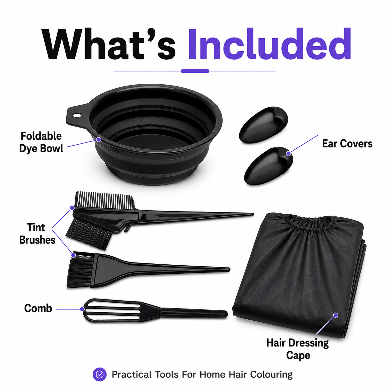 Omoge Home Hair Colouring Tools Bundle With Foldable Dye Bowl Tint Brushes Comb Ear Covers And Black Hair Dressing Cape