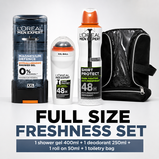 L’Oréal Men Expert Full Size Freshness Gift Set With Magnesium Defence Shower Gel Shirt Protection Deodorant Roll On And Toiletry Bag