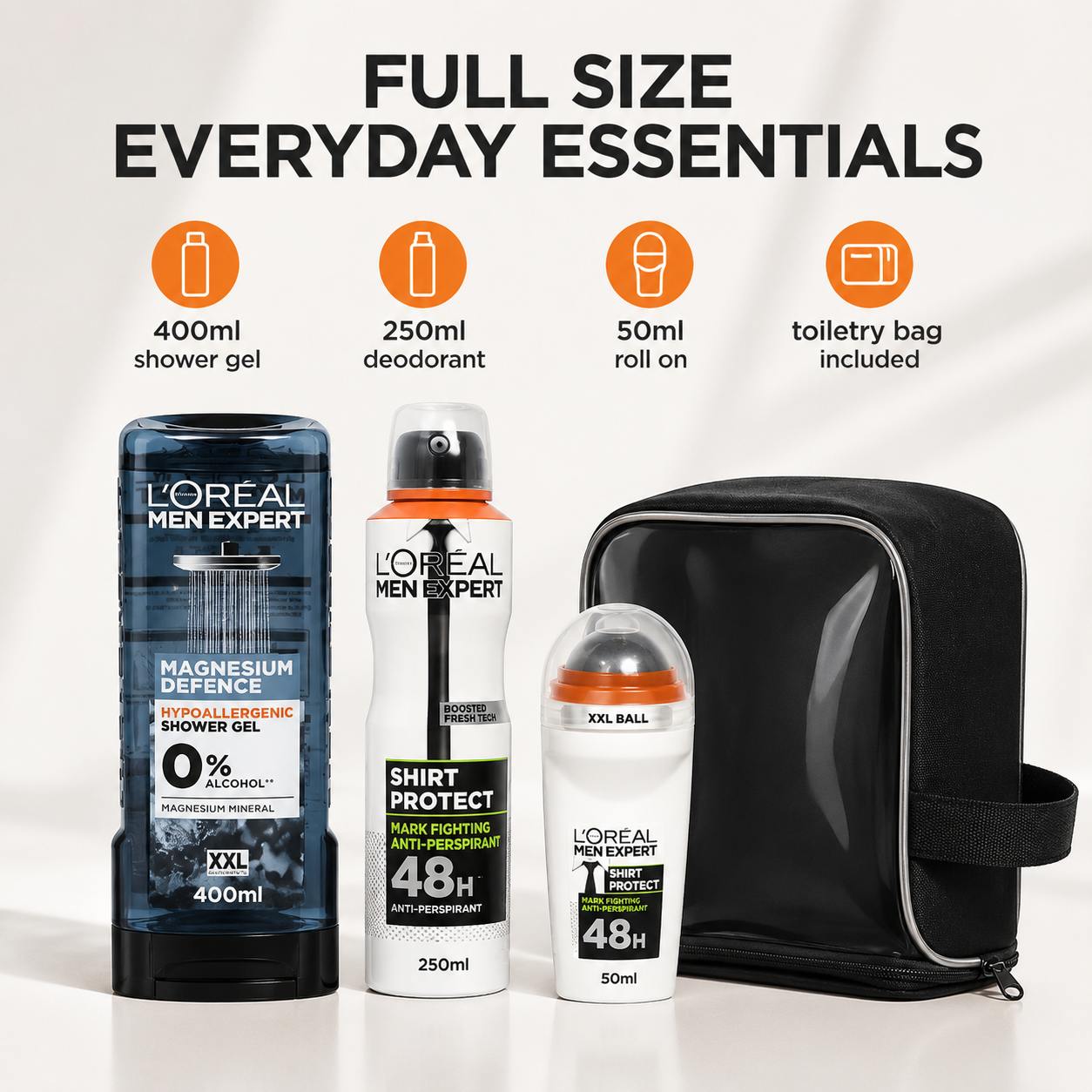 L’Oréal Men Expert Full Size Freshness Gift Set With Magnesium Defence Shower Gel Shirt Protection Deodorant Roll On And Toiletry Bag