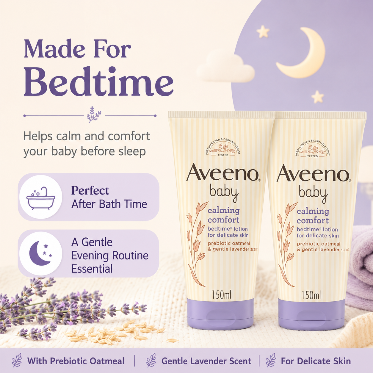 Aveeno Baby Calming Comfort Bedtime Lotion | Lavender & Prebiotic Oatmeal | 150ml (Pack of 2)