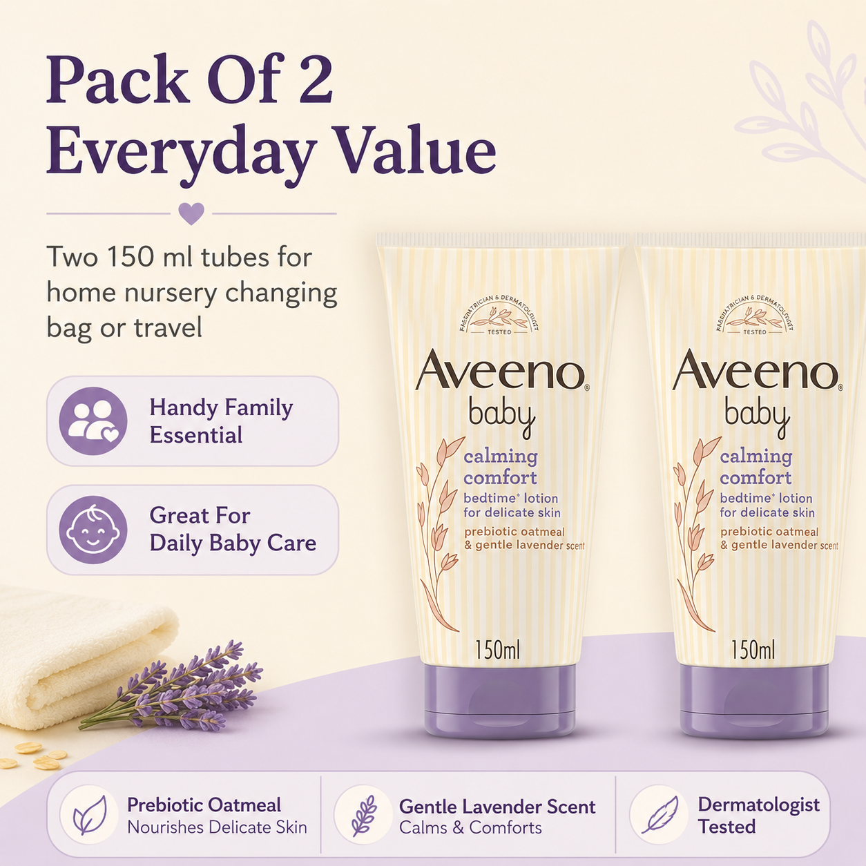 Aveeno Baby Calming Comfort Bedtime Lotion | Lavender & Prebiotic Oatmeal | 150ml (Pack of 2)
