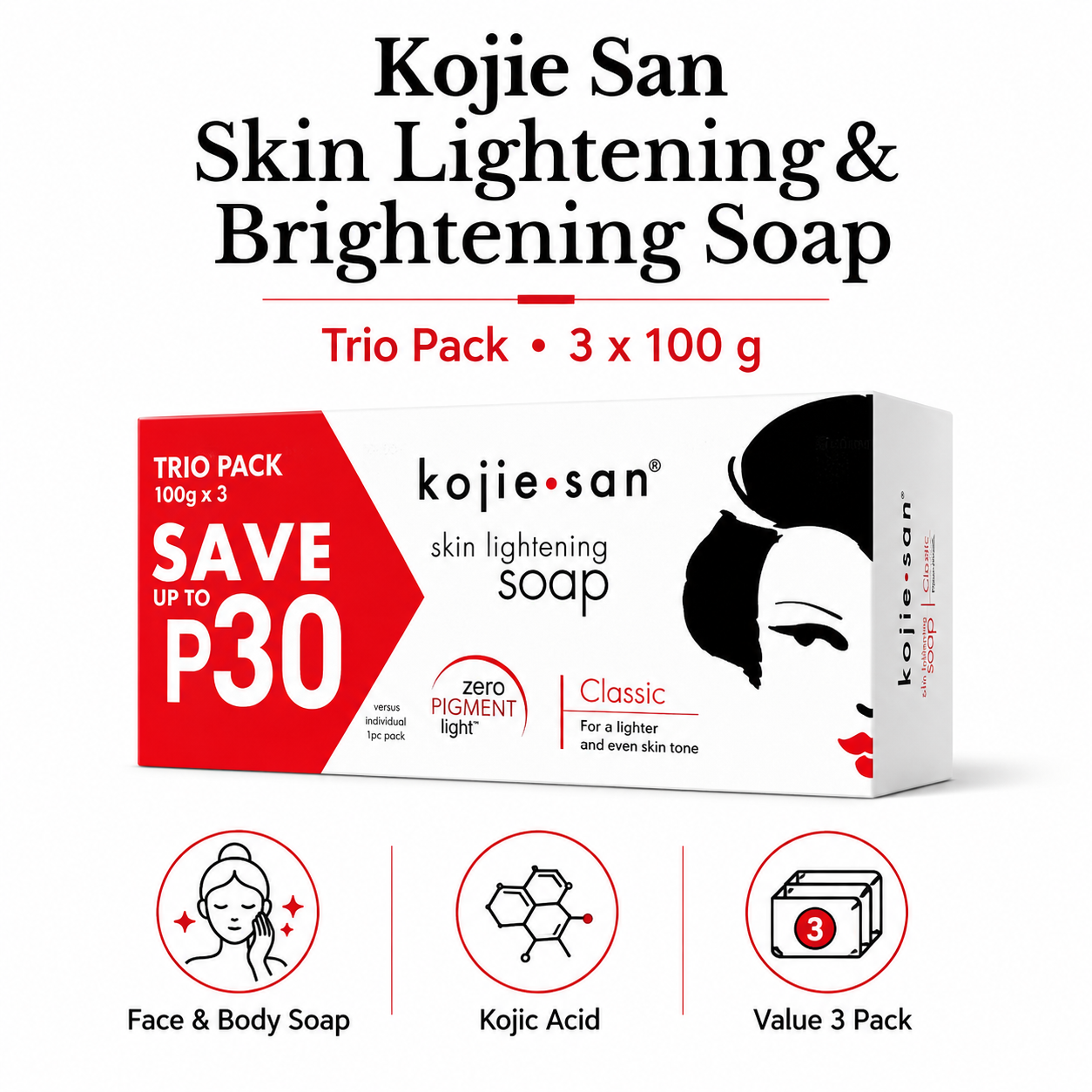 Kojie San Brightening Soap Trio 3 × 100g