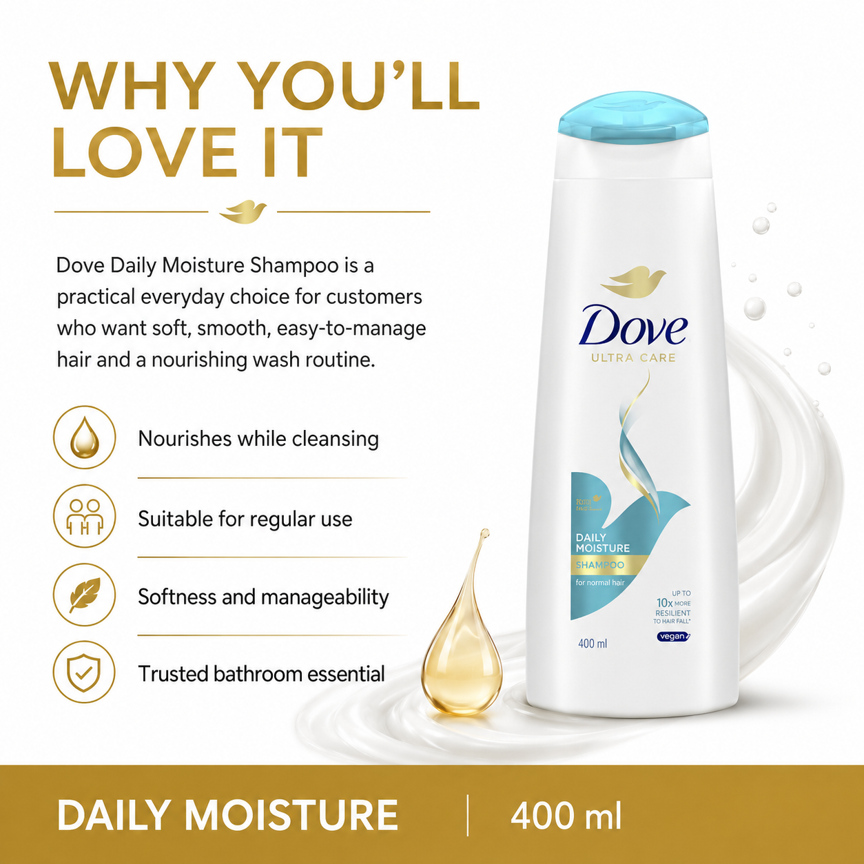 Dove Daily Moisture Shampoo 400 ml Nourishing Everyday Shampoo For Soft Manageable Hair