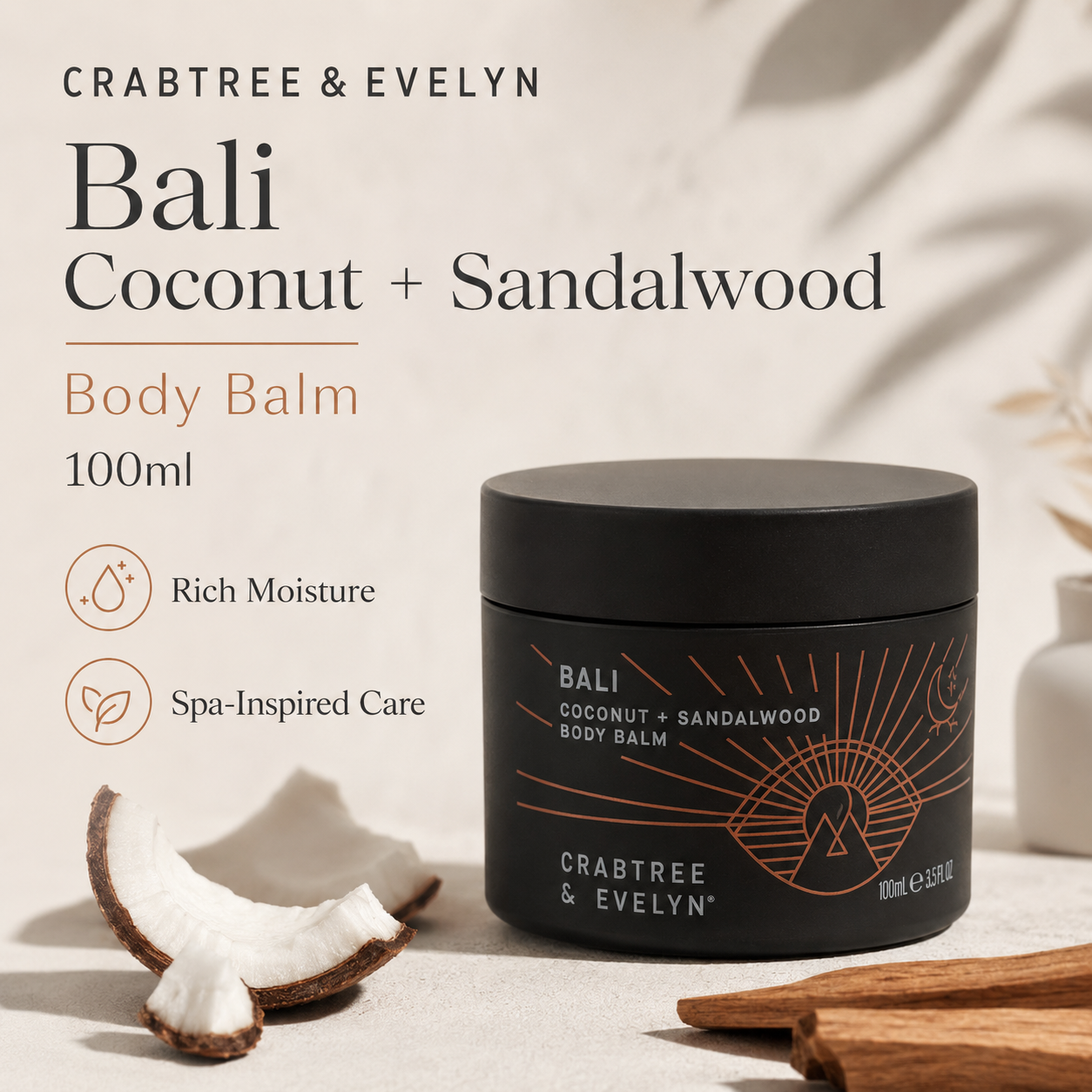 Crabtree & Evelyn Bali Coconut and Sandalwood Body Balm 100ml Luxury Body Care Gift