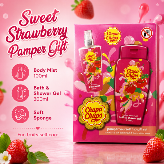 Chupa Chups Pamper Yourself Strawberry Gift Set with Body Mist Shower Gel and Sponge