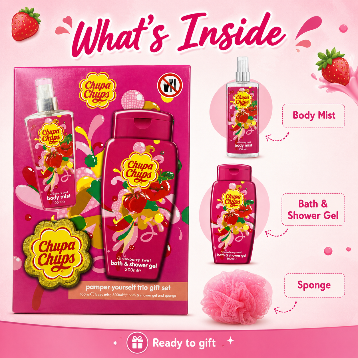 Chupa Chups Pamper Yourself Strawberry Gift Set with Body Mist Shower Gel and Sponge