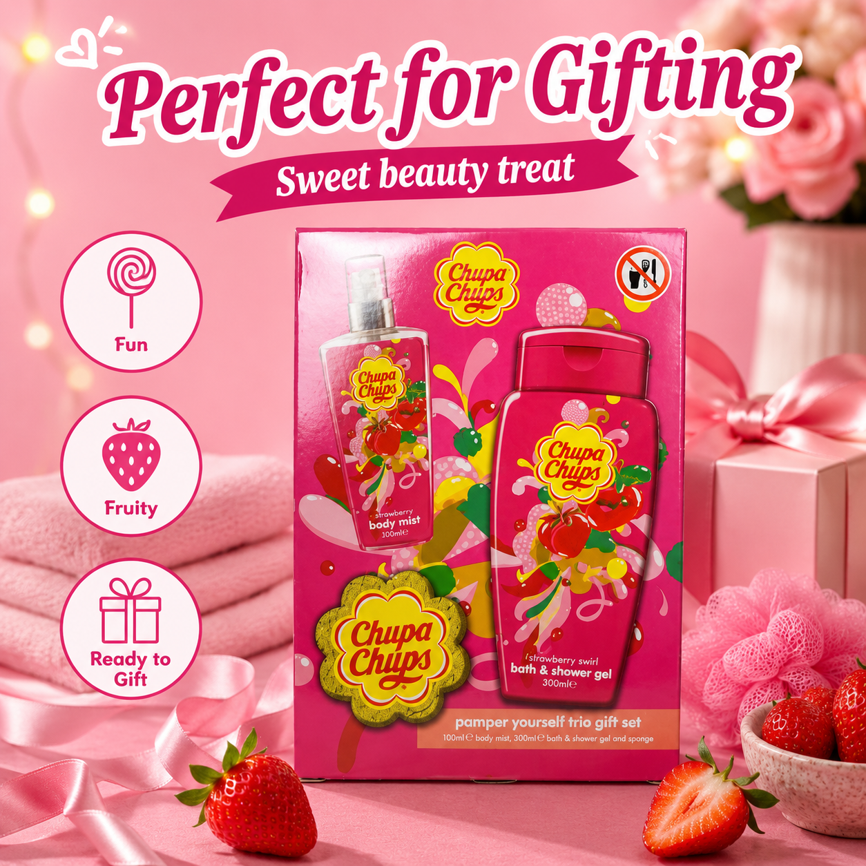 Chupa Chups Pamper Yourself Strawberry Gift Set with Body Mist Shower Gel and Sponge