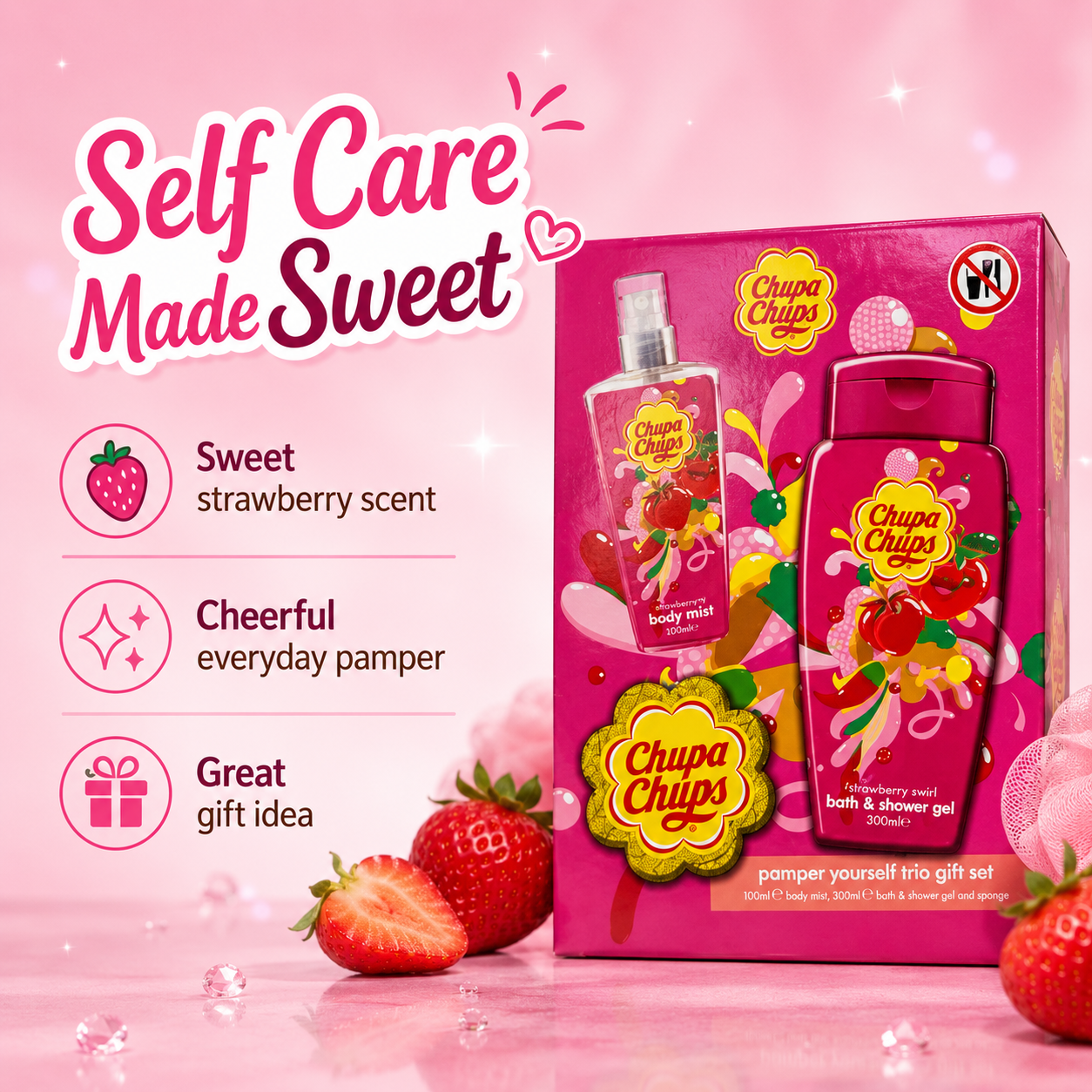 Chupa Chups Pamper Yourself Strawberry Gift Set with Body Mist Shower Gel and Sponge