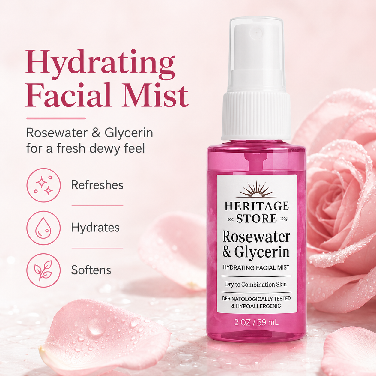 Heritage Store Rosewater & Glycerin Facial Mist 59 ml | Hydrating Rose Spray