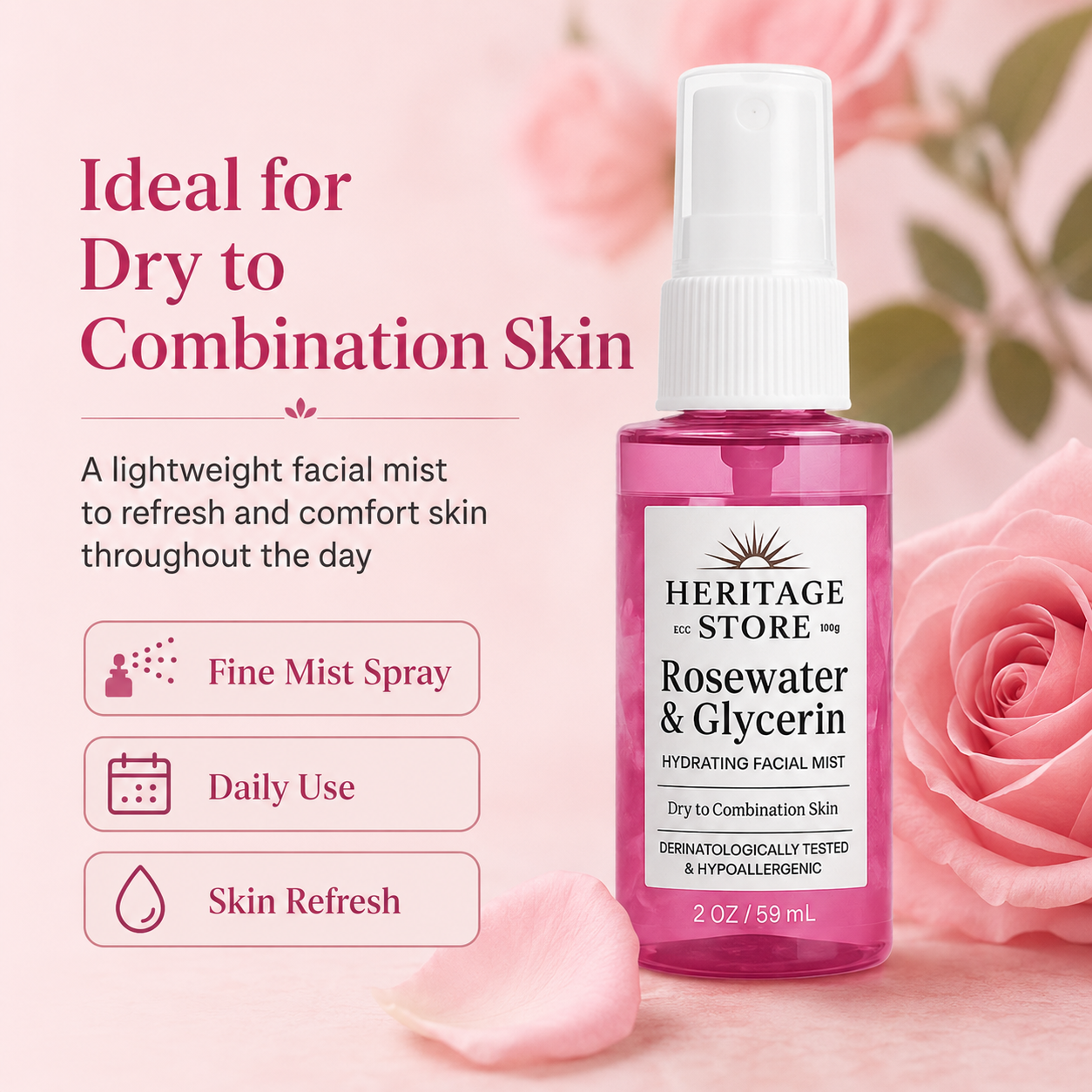 Heritage Store Rosewater & Glycerin Facial Mist 59 ml | Hydrating Rose Spray