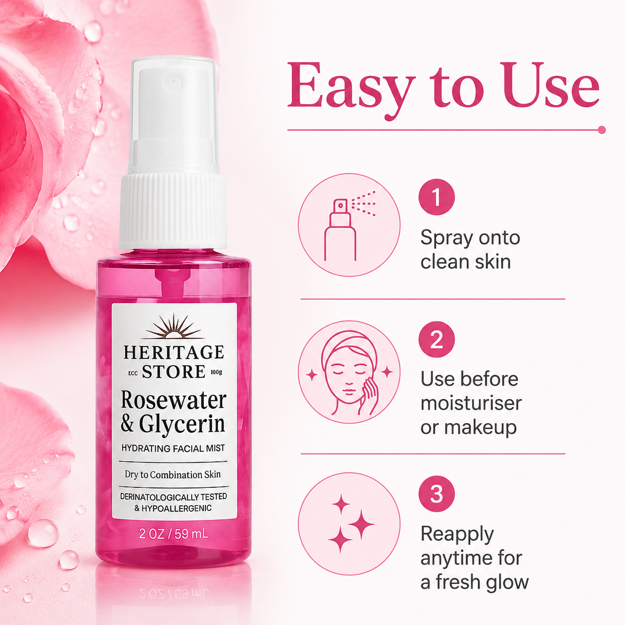 Heritage Store Rosewater & Glycerin Facial Mist 59 ml | Hydrating Rose Spray