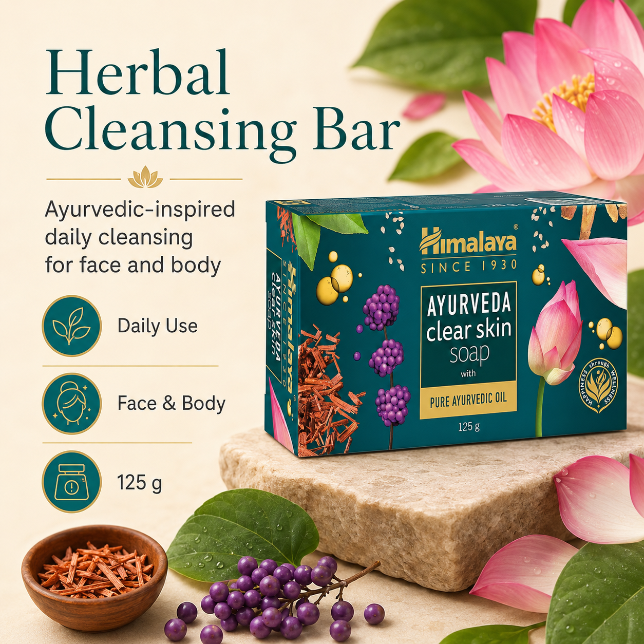 Himalaya Ayurveda Clear Skin Soap 125 g | Herbal Face & Body Cleansing Bar