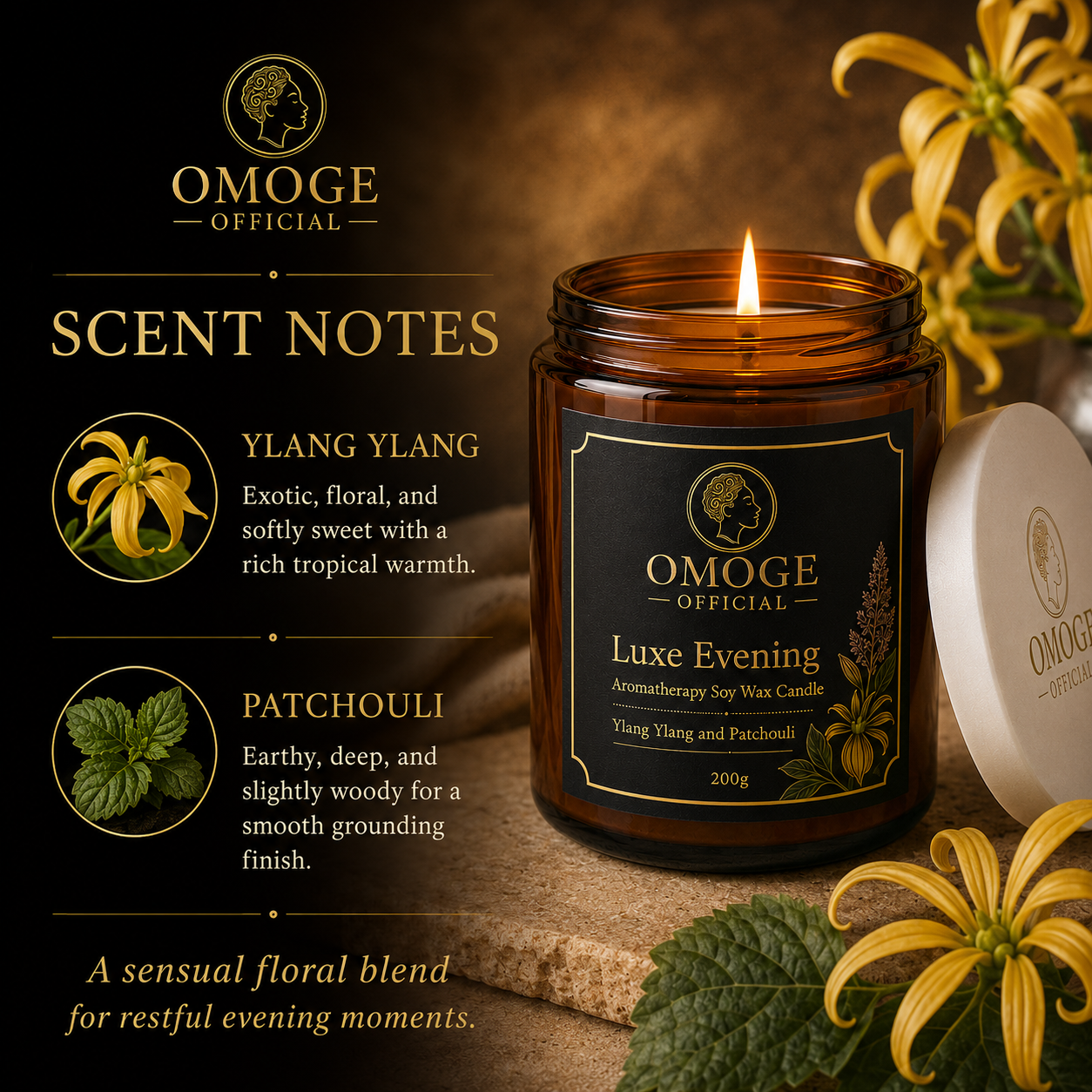 OMOGE OFFICIAL Luxe Evening Ylang Ylang and Patchouli Aromatherapy Soy Wax Candle 200g