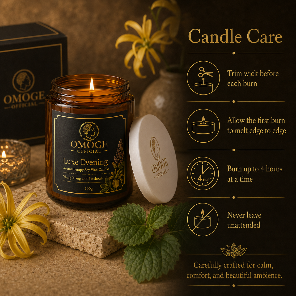 OMOGE OFFICIAL Luxe Evening Ylang Ylang and Patchouli Aromatherapy Soy Wax Candle 200g
