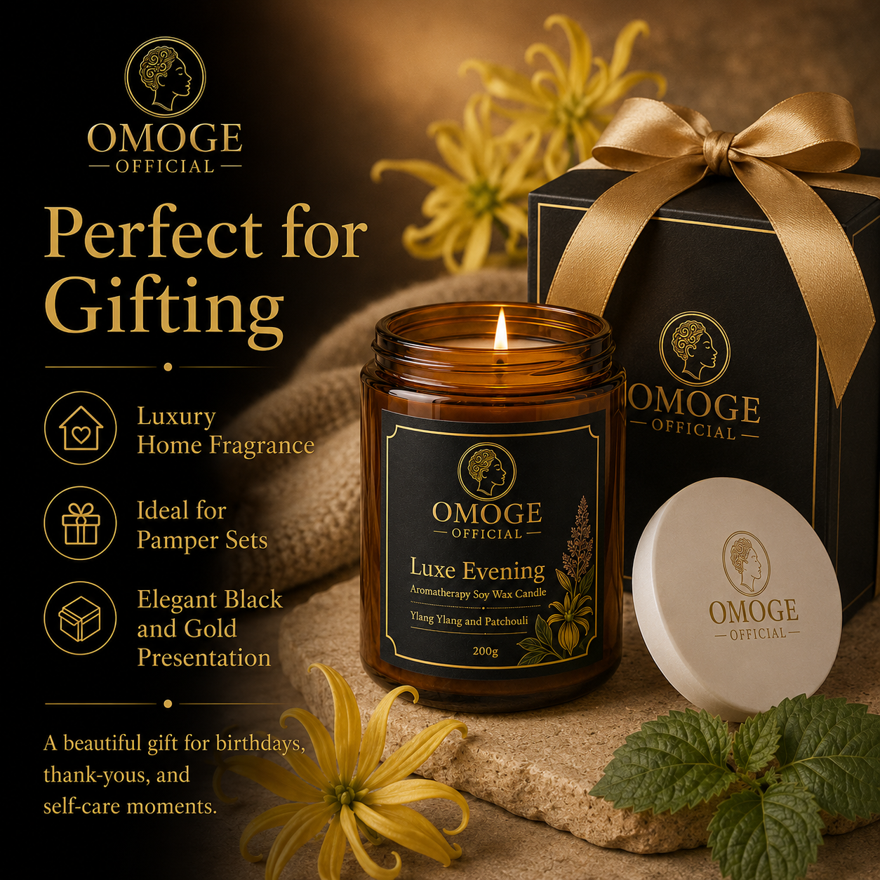 OMOGE OFFICIAL Luxe Evening Ylang Ylang and Patchouli Aromatherapy Soy Wax Candle 200g