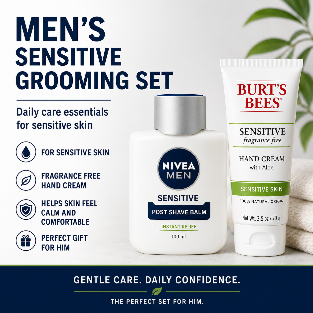 Men’s Sensitive Grooming Set with Nivea Balm and Burt’s Bees Hand Cream