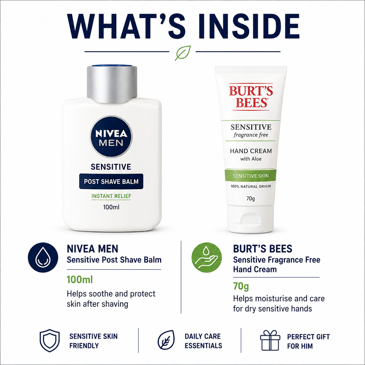 Men’s Sensitive Grooming Set with Nivea Balm and Burt’s Bees Hand Cream