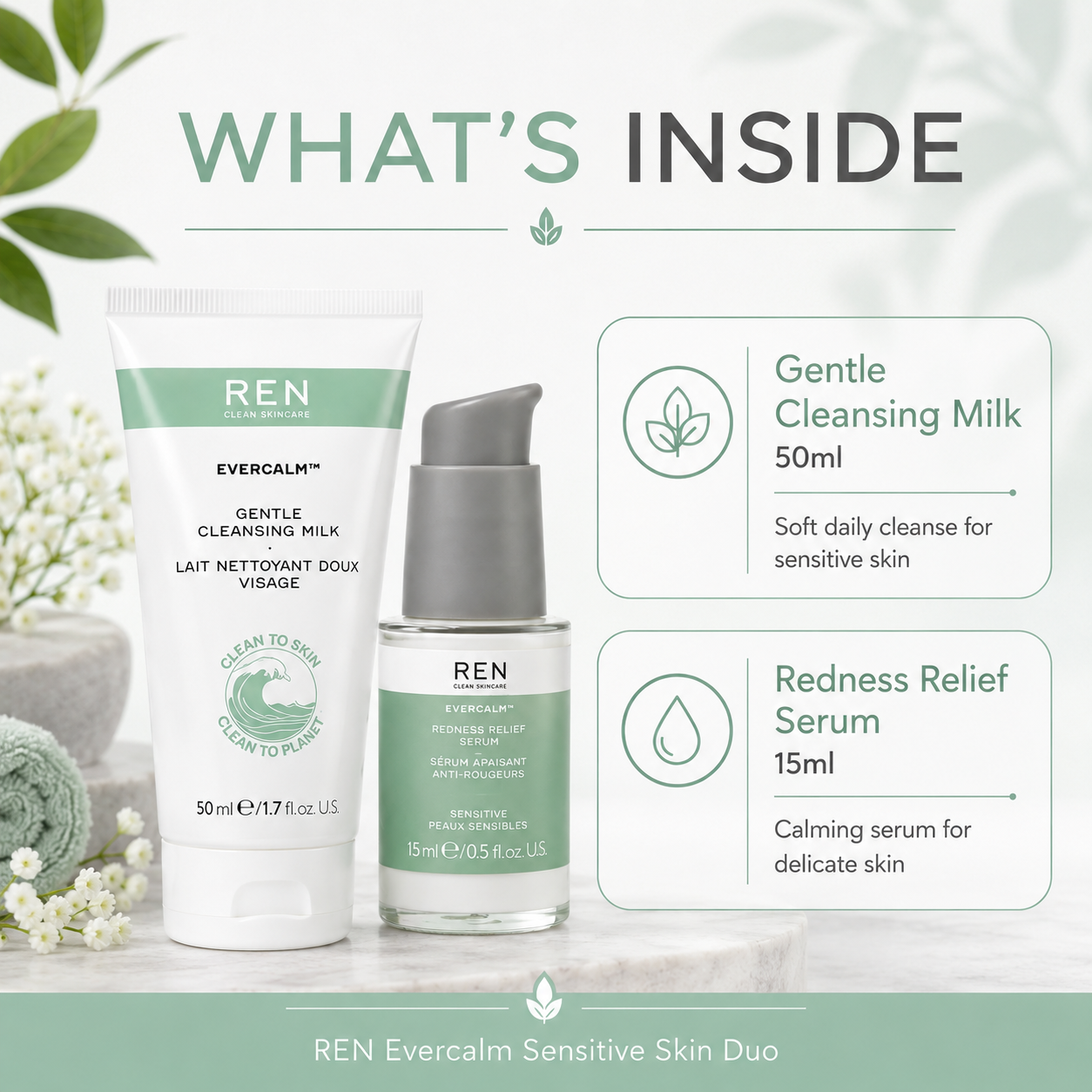 REN Evercalm Sensitive Skin Serum and Gentle Cleansing Milk Duo