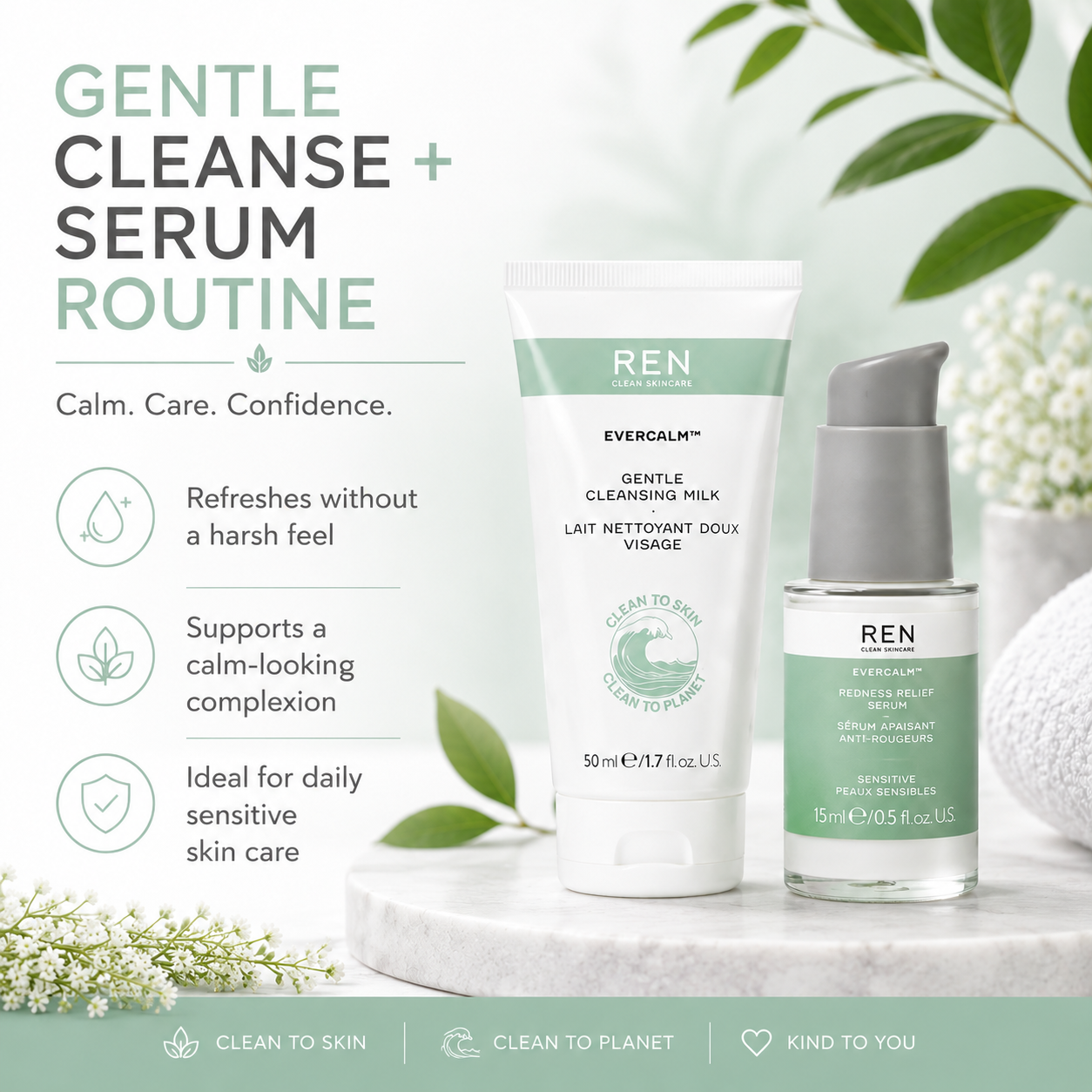 REN Evercalm Sensitive Skin Serum and Gentle Cleansing Milk Duo