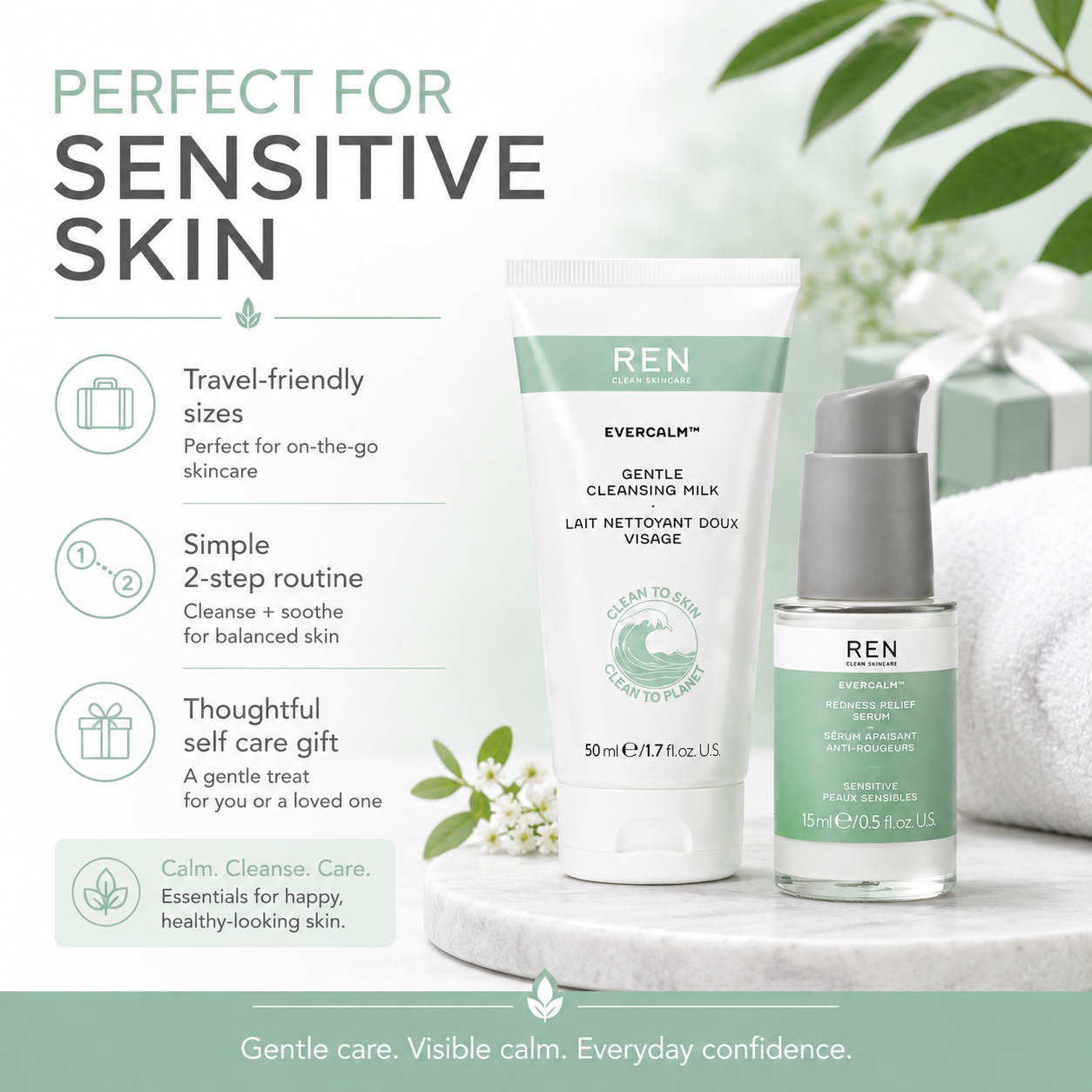 REN Evercalm Sensitive Skin Serum and Gentle Cleansing Milk Duo