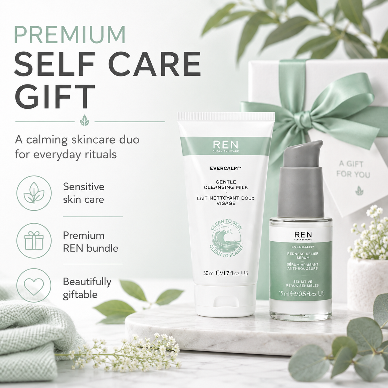 REN Evercalm Sensitive Skin Serum and Gentle Cleansing Milk Duo
