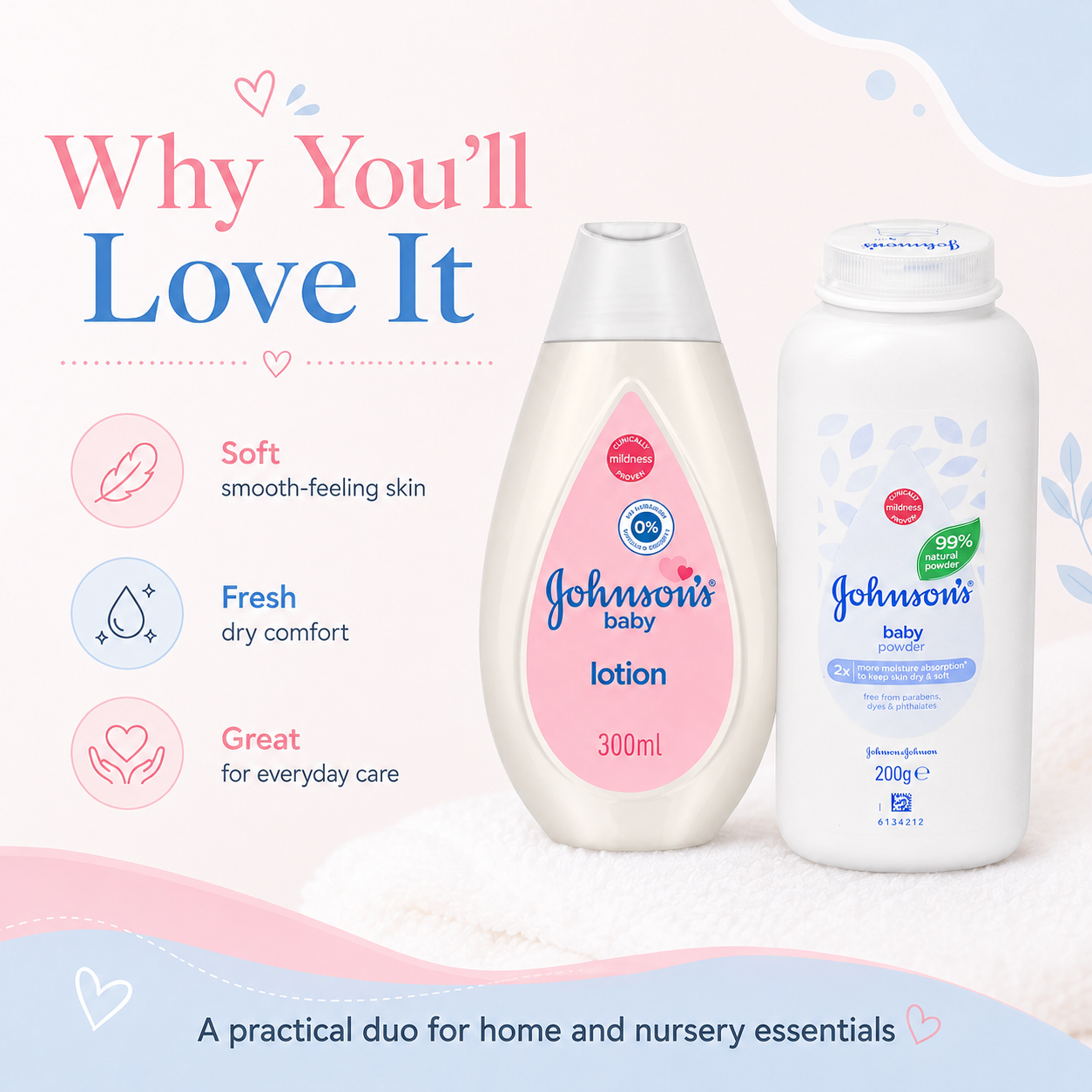 Omoge Baby Daily Care Duo Set Lotion 300ml and Baby Powder 200g Gentle Moisturising and Freshness Bundle