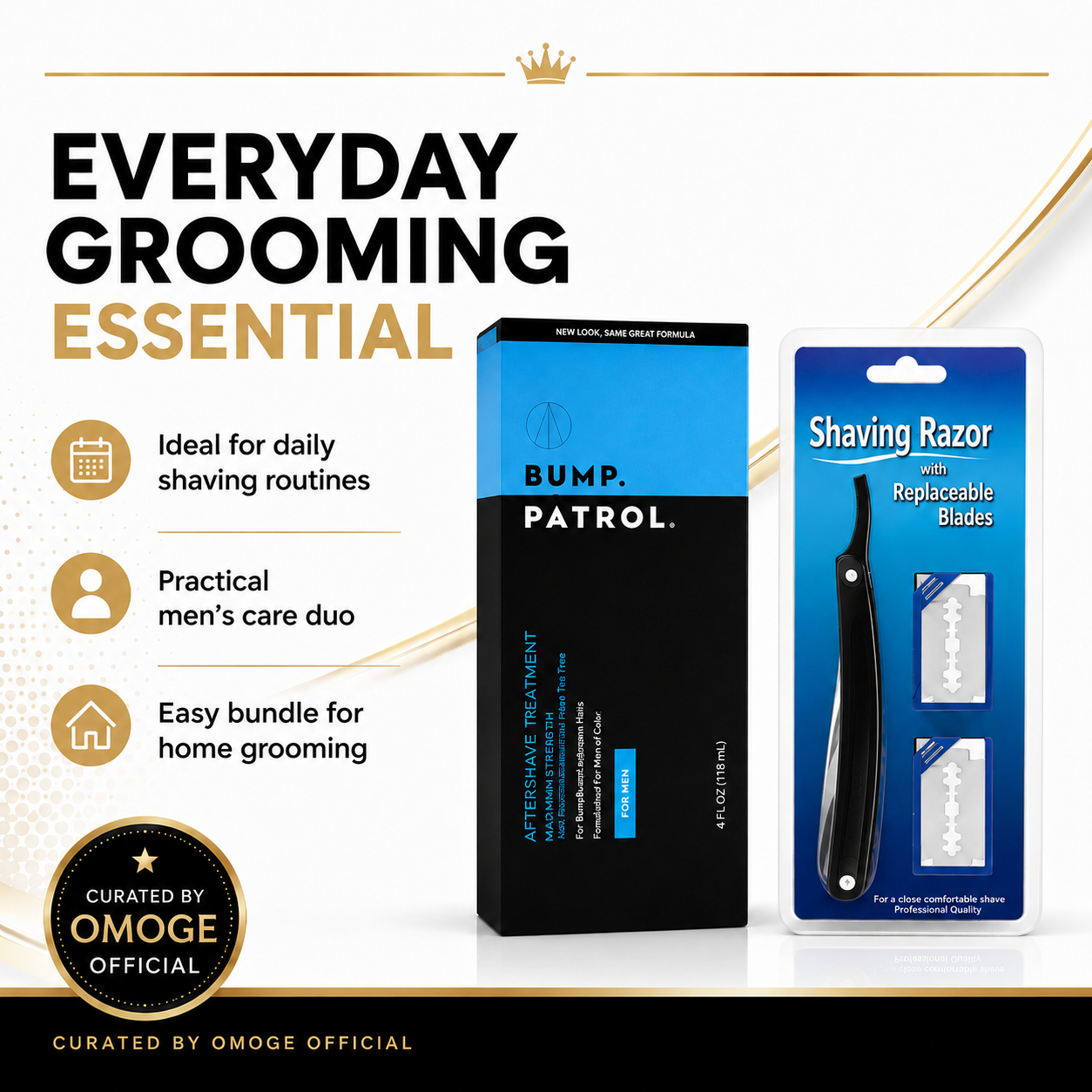 Omoge Men’s Razor Bump Care Duo with Bump Patrol Aftershave Treatment 4oz and Shaving Razor