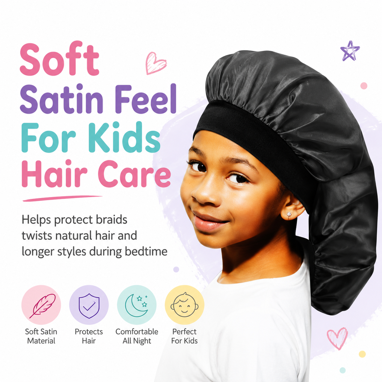 Kids Silky Satin Braid Bonnet Black