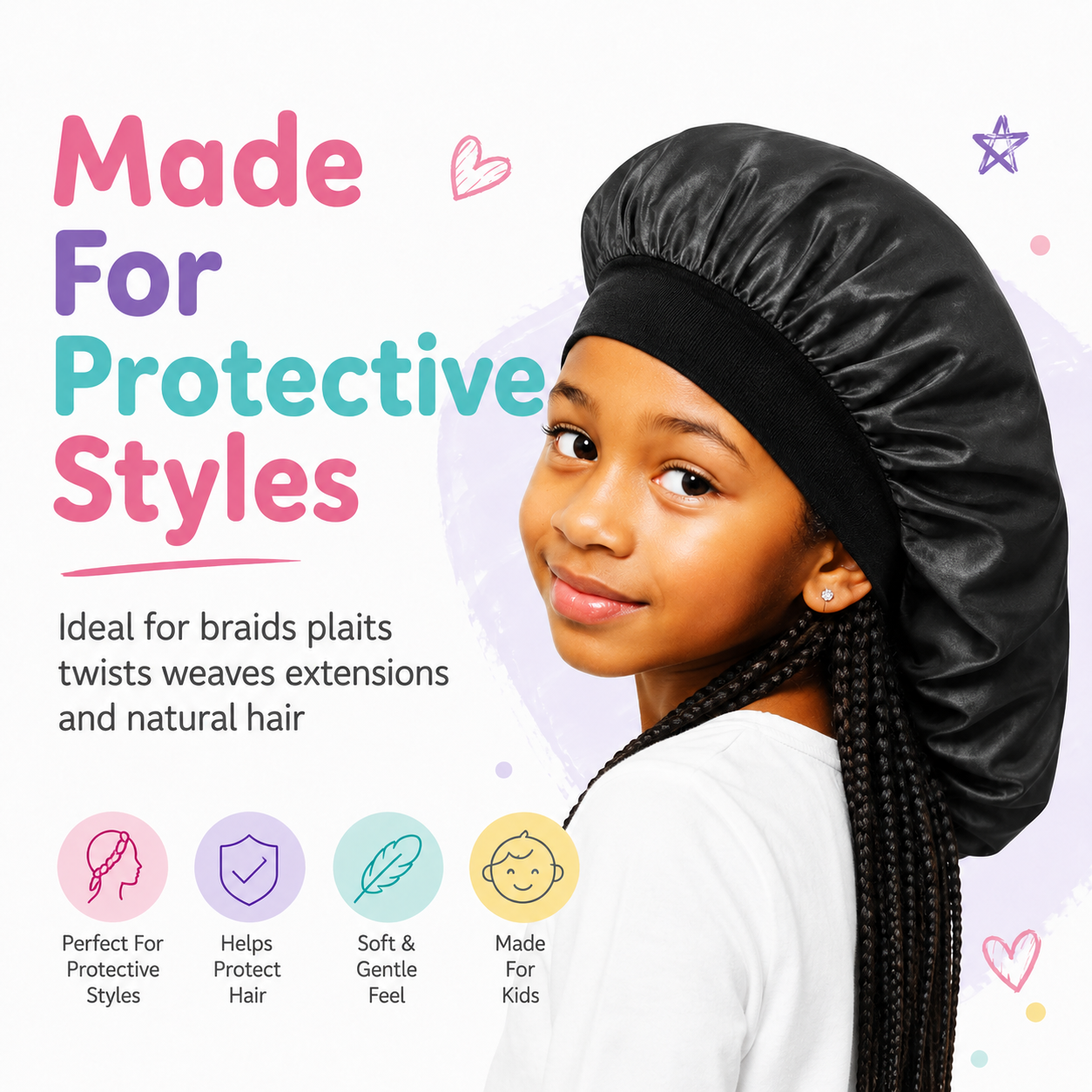 Kids Silky Satin Braid Bonnet Black