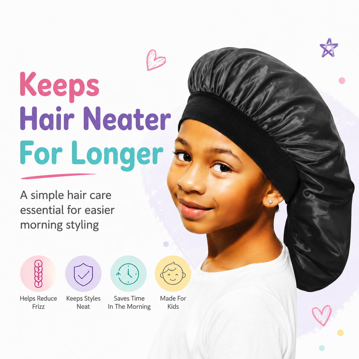 Kids Silky Satin Braid Bonnet Black