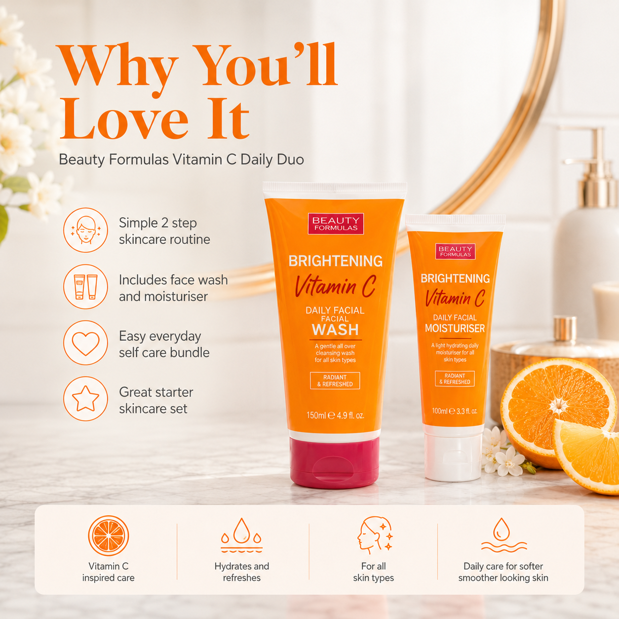 Beauty Formulas Vitamin C Daily Duo – Brightening Face Wash 150ml and Moisturiser 100ml