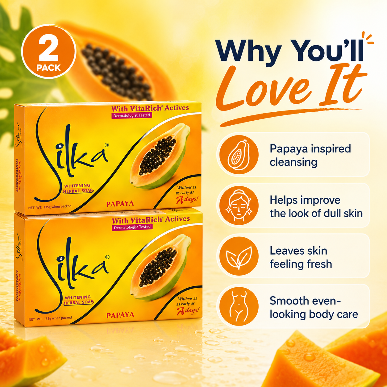 2 Silka Papaya Brightening Herbal Soap Bars