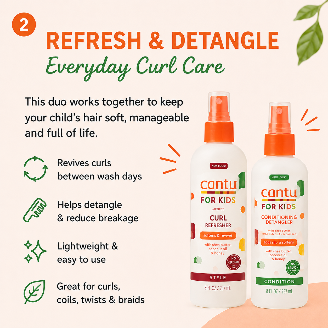 Cantu Kids Curl Refresh Duo with Curl Refresher Spray and Conditioning Detangler