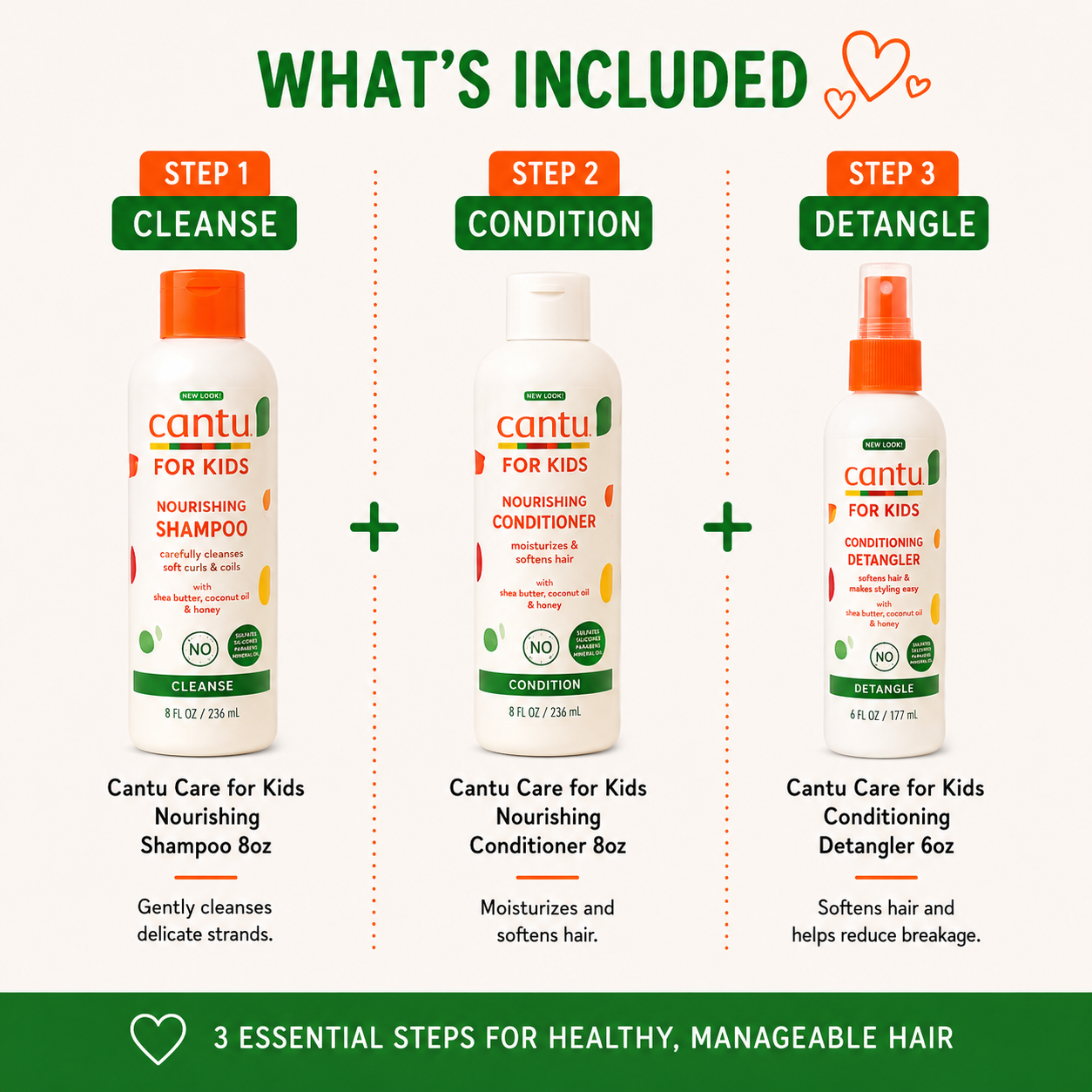 Cantu Kids Wash Day Essentials Trio with Shampoo Conditioner and Detangler