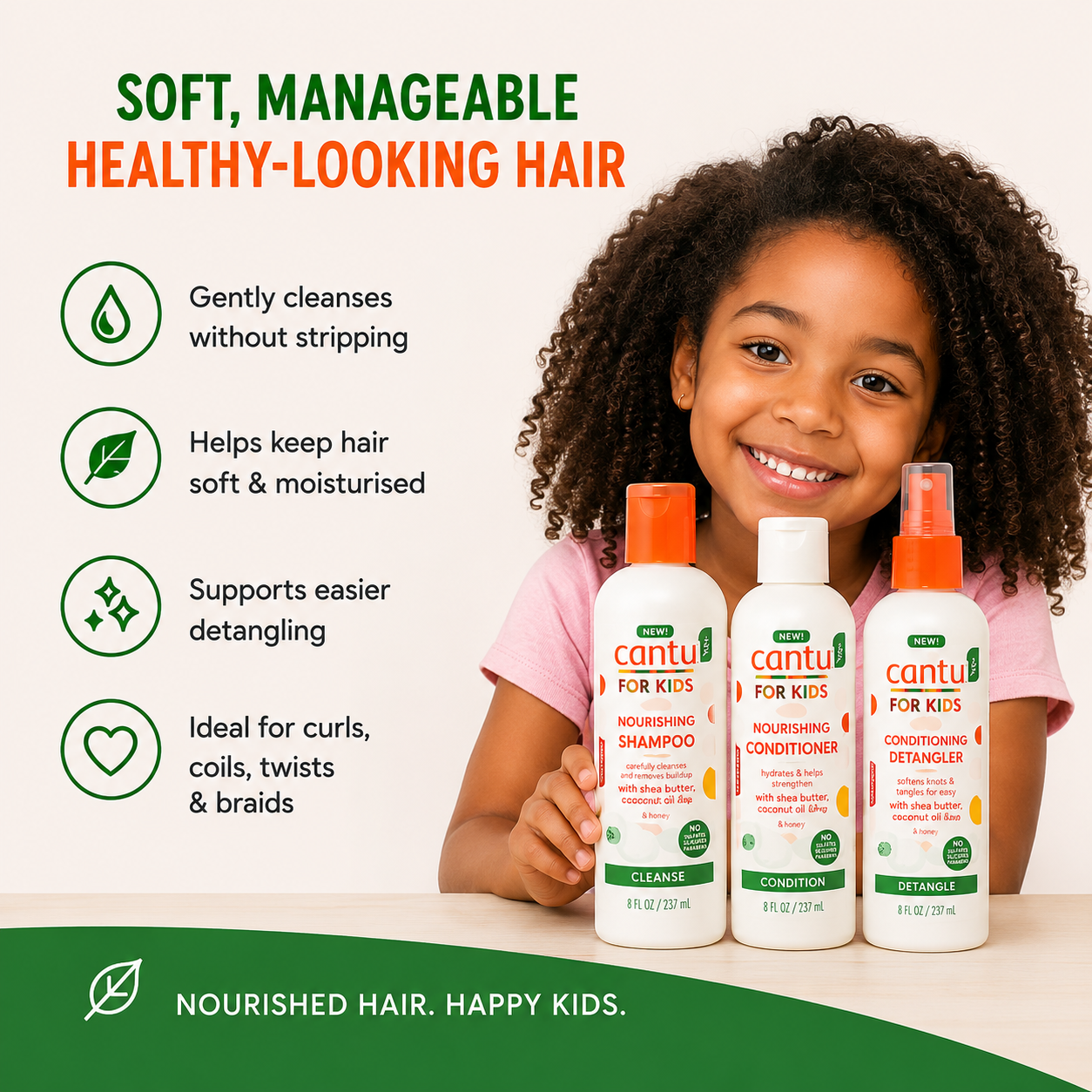 Cantu Kids Wash Day Essentials Trio with Shampoo Conditioner and Detangler