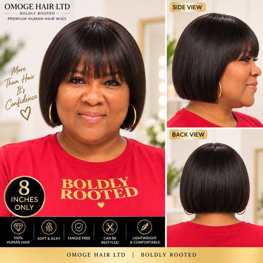 OMOGE HAIR straight Brazilian human hair bob wig with bangs 8 inch