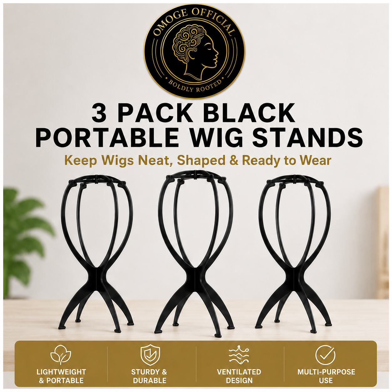 OMOGE OFFICIAL 3 Pack Black Portable Wig Stands