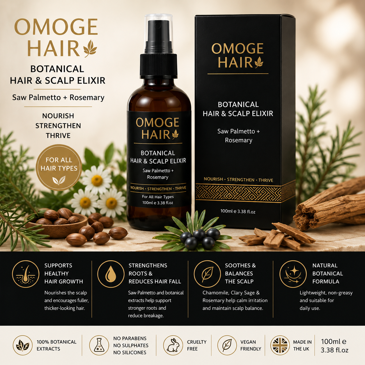 Omoge Hair Botanical Scalp Elixir 100ml – Saw Palmetto & Rosemary Tonic