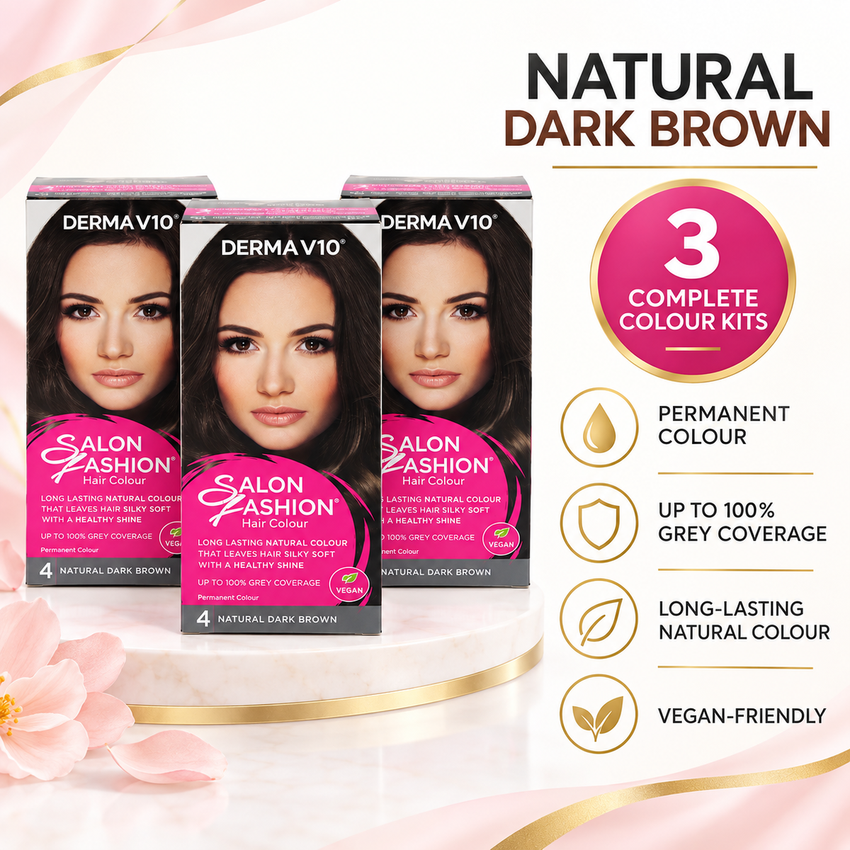 Derma V10 permanent hair colour 4 natural dark brown, 3 pack